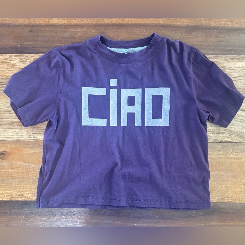 Live & Tell Graphic "CIAO" Crop T-Shirt Purple Small Short Sleeve Casual Tee Top